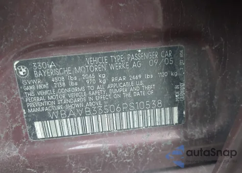 2006 BMW 330I from USA, damaged, VIN WBAVB33506PS10538